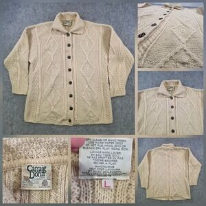 Carraig Donn Sweater Womens Large White Wool Cable Knit Cardigan Aran Ireland